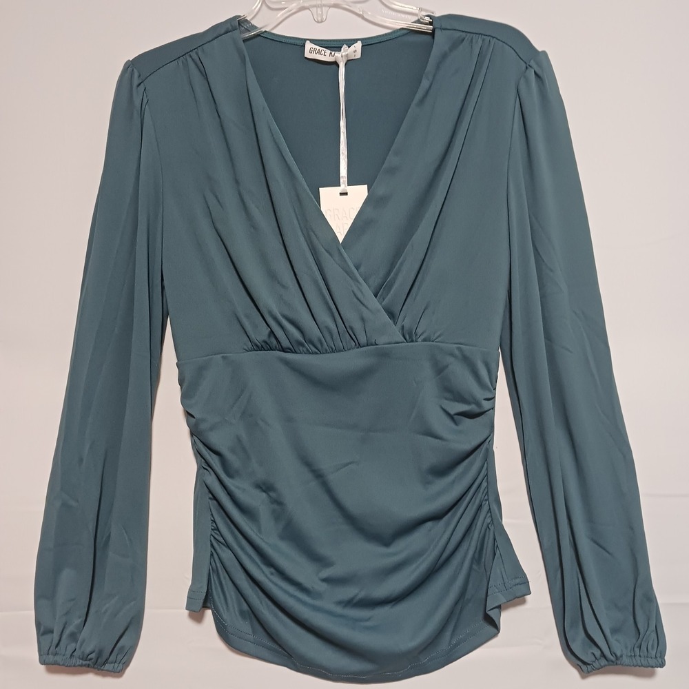 Grace Karin Women Long Sleeve Teal Jersey Blouse Sz S Gathered sides V neck NWT